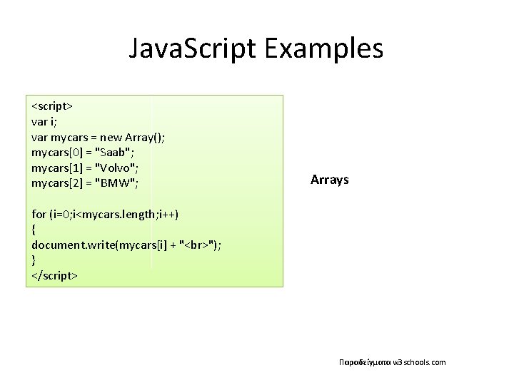 Java. Script Examples <script> var i; var mycars = new Array(); mycars[0] = "Saab";