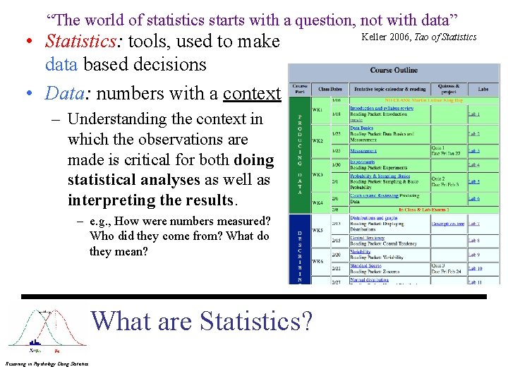 “The world of statistics starts with a question, not with data” • Statistics: tools,