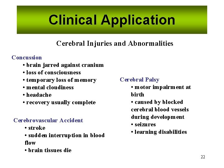 Clinical Application Cerebral Injuries and Abnormalities Concussion • brain jarred against cranium • loss