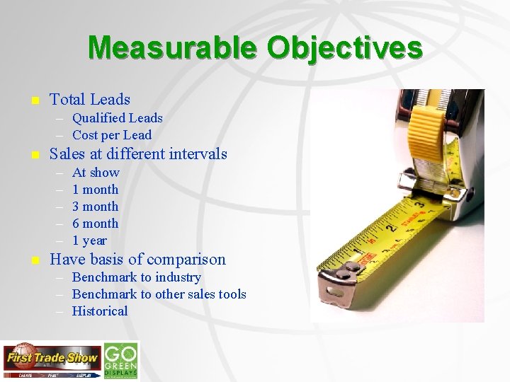 Measurable Objectives n Total Leads – Qualified Leads – Cost per Lead n Sales