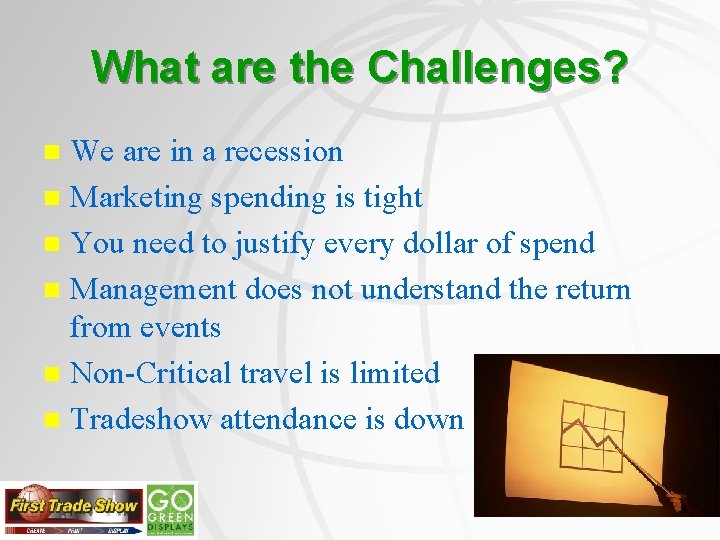 What are the Challenges? We are in a recession n Marketing spending is tight