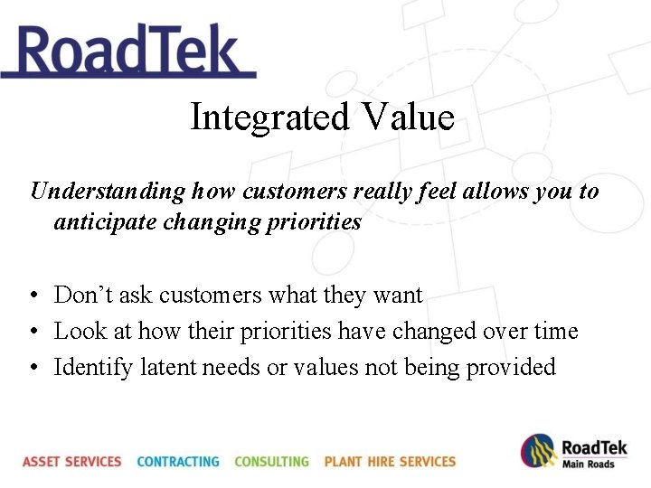 Integrated Value Understanding how customers really feel allows you to anticipate changing priorities •
