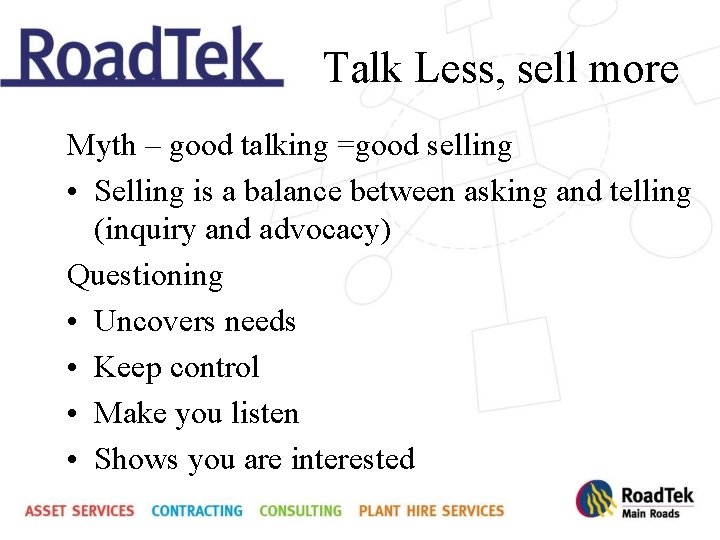 Talk Less, sell more Myth – good talking =good selling • Selling is a