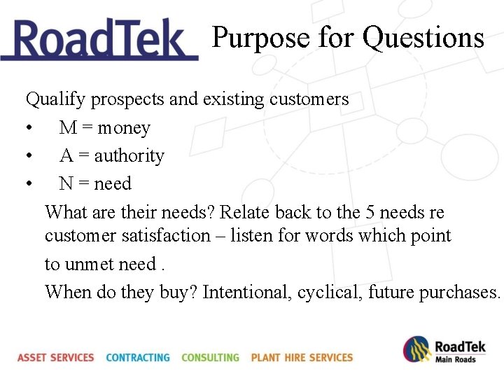 Purpose for Questions Qualify prospects and existing customers • M = money • A