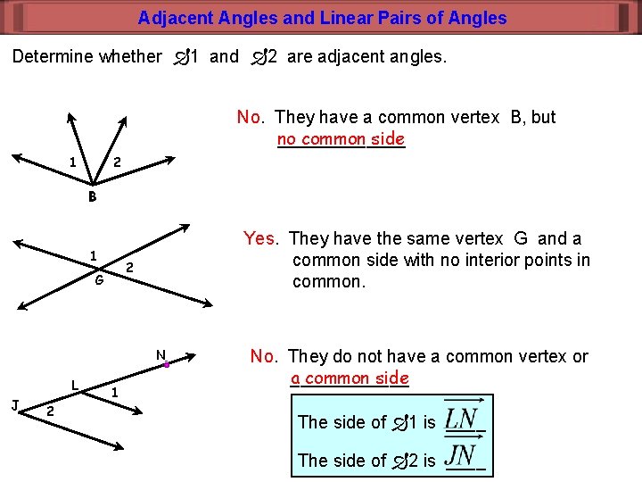 Adjacent Angles and Linear Pairs of Angles Determine whether 1 and 2 are adjacent