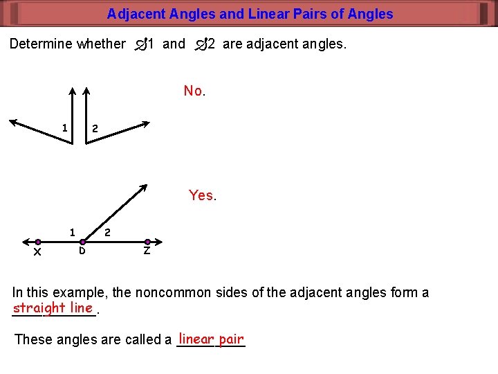 Adjacent Angles and Linear Pairs of Angles Determine whether 1 and 2 are adjacent