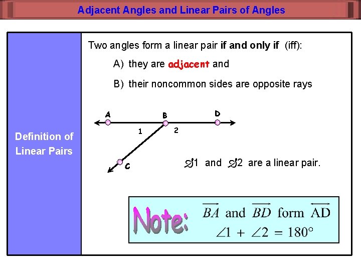 Adjacent Angles and Linear Pairs of Angles Two angles form a linear pair if