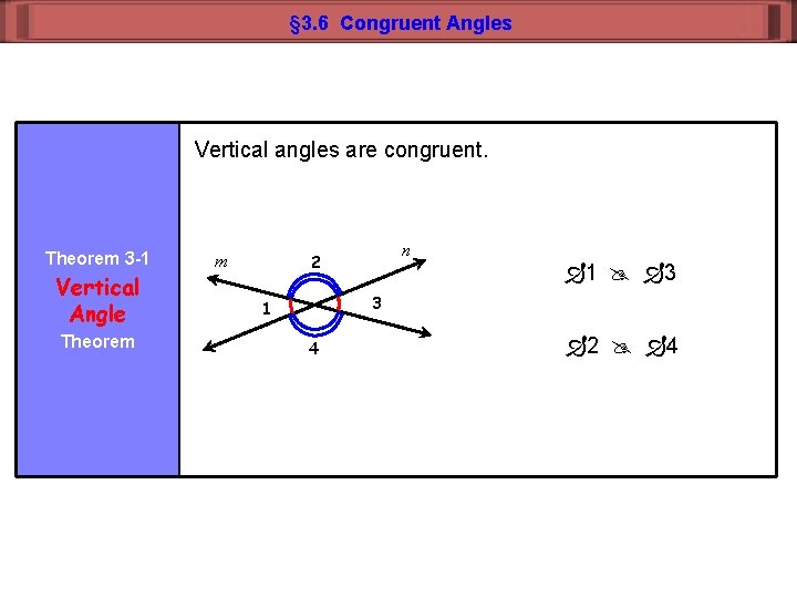 § 3. 6 Congruent Angles Vertical angles are congruent. Theorem 3 -1 Vertical Angle