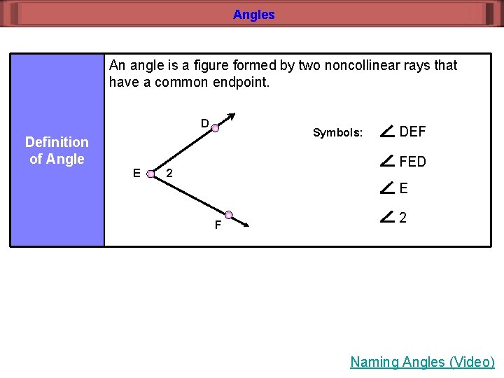 Angles An angle is a figure formed by two noncollinear rays that have a