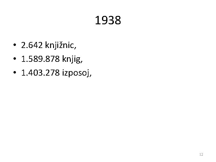 1938 • 2. 642 knjižnic, • 1. 589. 878 knjig, • 1. 403. 278