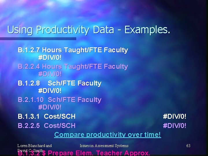 Using Productivity Data - Examples. B. 1. 2. 7 Hours Taught/FTE Faculty #DIV/0! B.