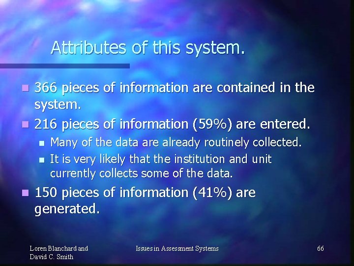 Attributes of this system. 366 pieces of information are contained in the system. n