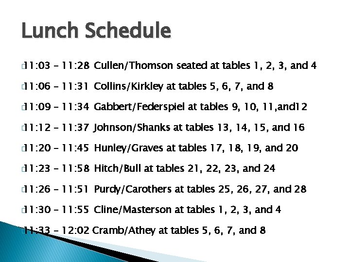 Lunch Schedule � 11: 03 – 11: 28 Cullen/Thomson seated at tables 1, 2,