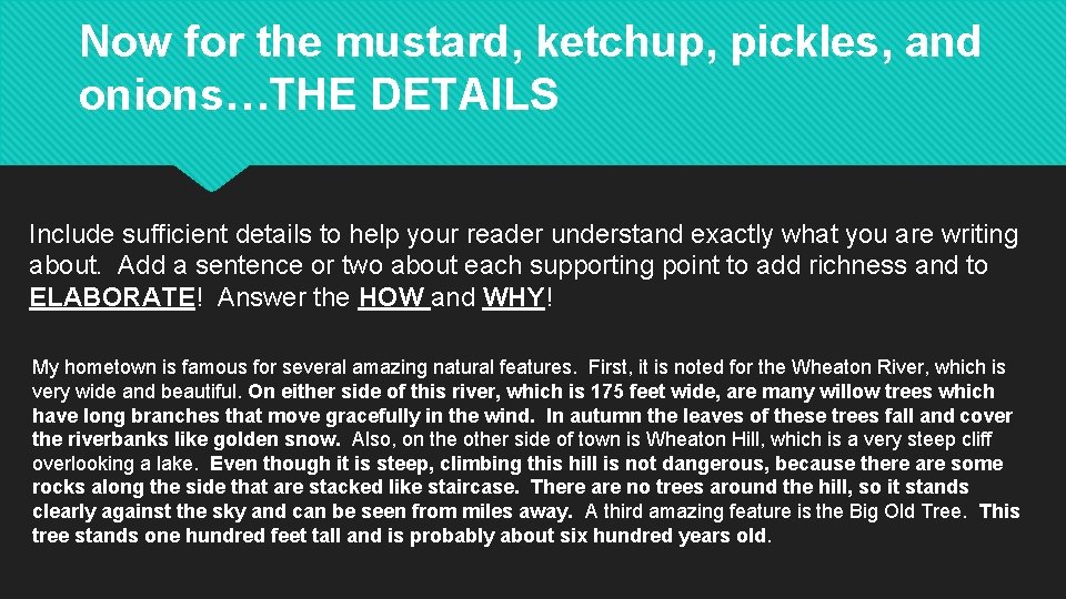 Now for the mustard, ketchup, pickles, and onions…THE DETAILS Include sufficient details to help