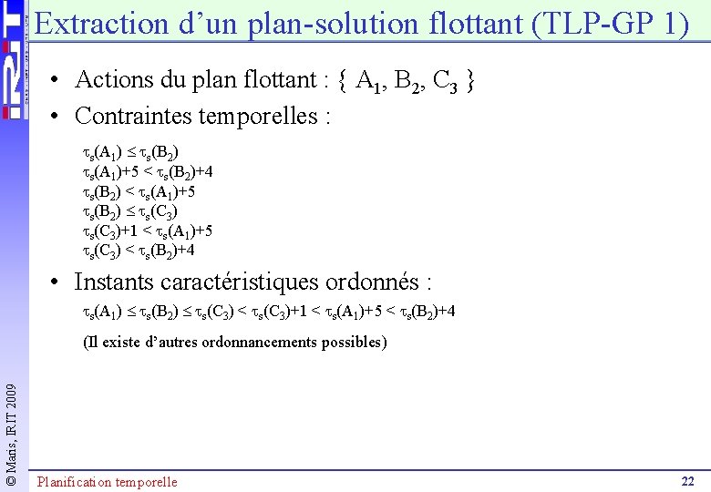 Extraction d’un plan-solution flottant (TLP-GP 1) • Actions du plan flottant : { A