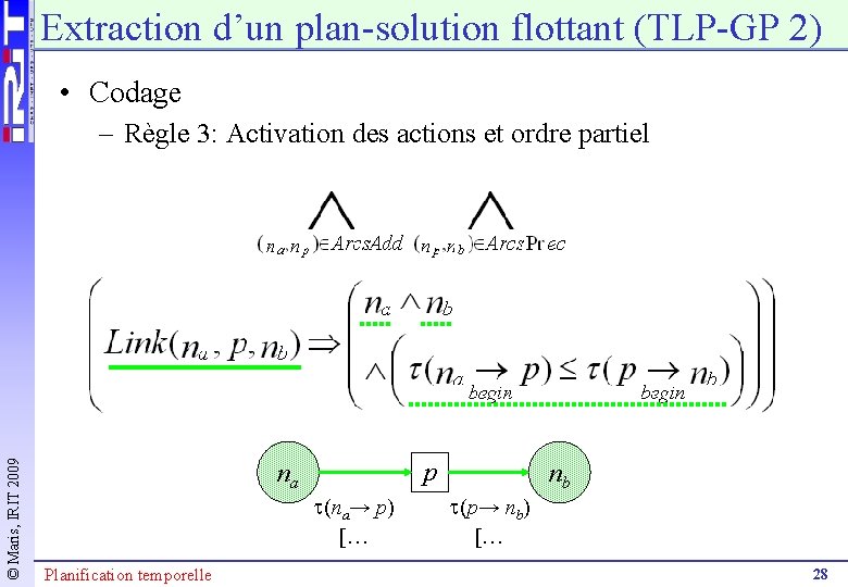 Extraction d’un plan-solution flottant (TLP-GP 2) • Codage © Maris, IRIT 2009 – Règle