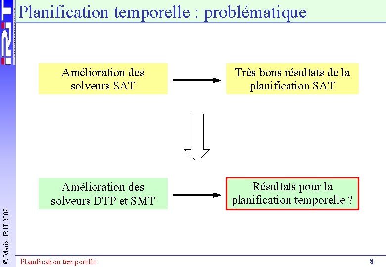 © Maris, IRIT 2009 Planification temporelle : problématique Amélioration des solveurs SAT Très bons