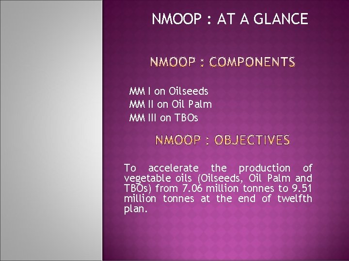 NMOOP : AT A GLANCE MM I on Oilseeds MM II on Oil Palm