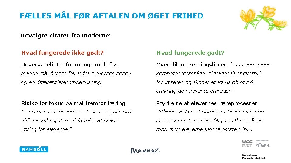 FÆLLES MÅL FØR AFTALEN OM ØGET FRIHED Udvalgte citater fra møderne: Hvad fungerede ikke