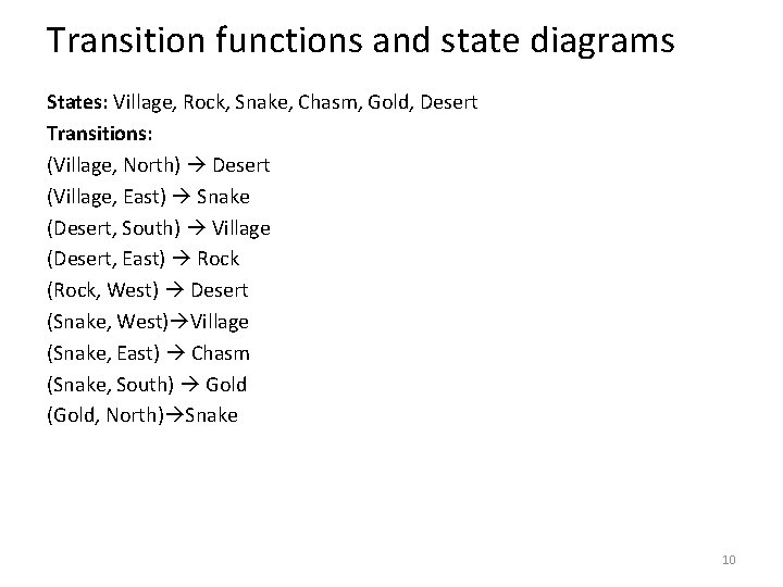 Transition functions and state diagrams States: Village, Rock, Snake, Chasm, Gold, Desert Transitions: (Village,