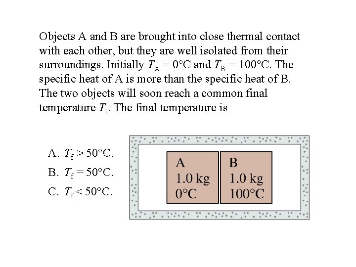 Objects A and B are brought into close thermal contact with each other, but