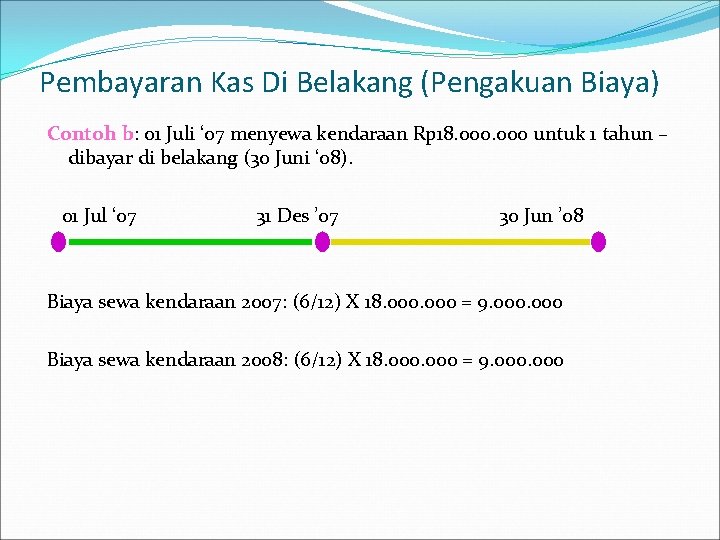 Pembayaran Kas Di Belakang (Pengakuan Biaya) Contoh b: 01 Juli ‘ 07 menyewa kendaraan Pembayaran Kas Di Belakang (Pengakuan Biaya) Contoh b: 01 Juli ‘ 07 menyewa kendaraan