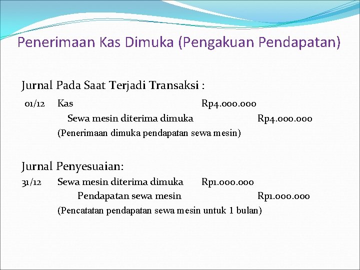 Penerimaan Kas Dimuka (Pengakuan Pendapatan) Jurnal Pada Saat Terjadi Transaksi : 01/12 Kas Rp Penerimaan Kas Dimuka (Pengakuan Pendapatan) Jurnal Pada Saat Terjadi Transaksi : 01/12 Kas Rp