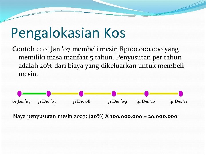 Pengalokasian Kos Contoh e: 01 Jan ‘ 07 membeli mesin Rp 100. 000 yang Pengalokasian Kos Contoh e: 01 Jan ‘ 07 membeli mesin Rp 100. 000 yang