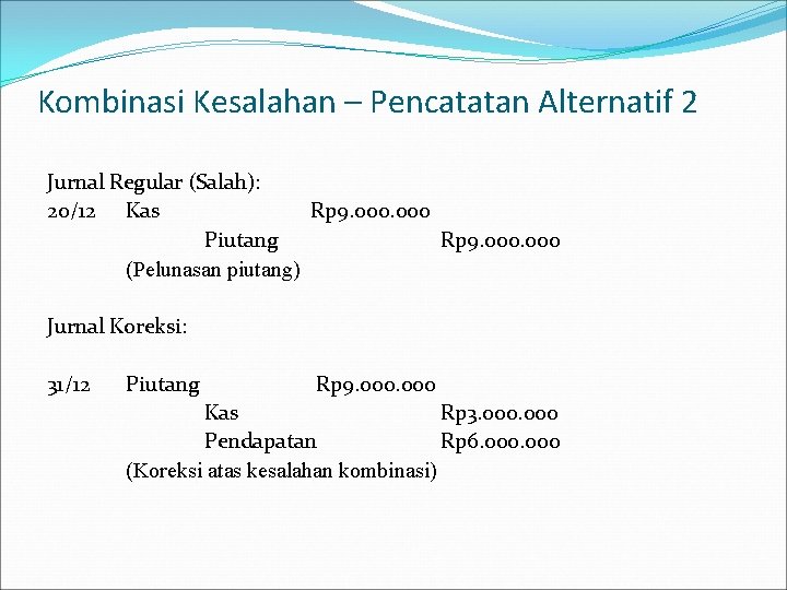 Kombinasi Kesalahan – Pencatatan Alternatif 2 Jurnal Regular (Salah): 20/12 Kas Rp 9. 000 Kombinasi Kesalahan – Pencatatan Alternatif 2 Jurnal Regular (Salah): 20/12 Kas Rp 9. 000