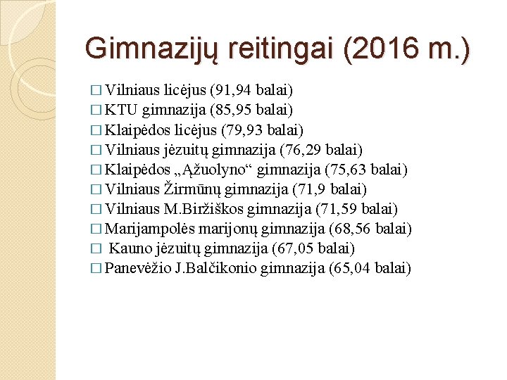 Gimnazijų reitingai (2016 m. ) � Vilniaus licėjus (91, 94 balai) � KTU gimnazija