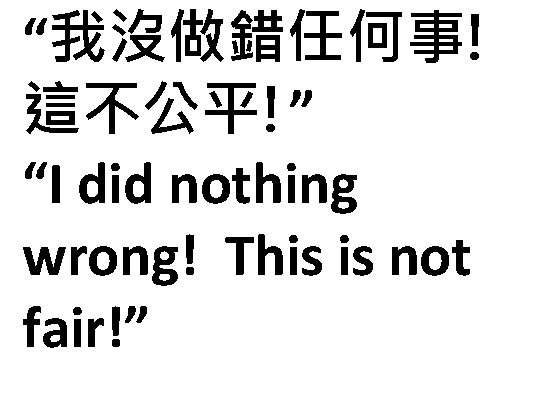 “我沒做錯任何事! 這不公平!” “I did nothing wrong! This is not fair!” 