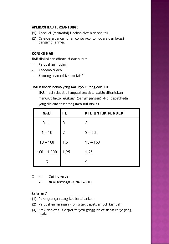 APLIKASI NAB TERGANTUNG: (1) Adequat (memadai) tidakna alat-alat analitik (2) Cara-cara pengambilan contoh-contoh udara