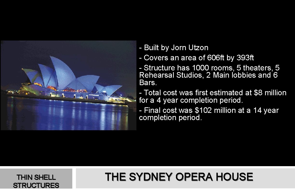- Built by Jorn Utzon - Covers an area of 606 ft by 393