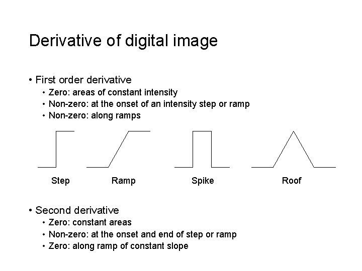 Derivative of digital image • First order derivative • Zero: areas of constant intensity