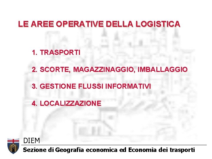 LE AREE OPERATIVE DELLA LOGISTICA 1. TRASPORTI 2. SCORTE, MAGAZZINAGGIO, IMBALLAGGIO 3. GESTIONE FLUSSI