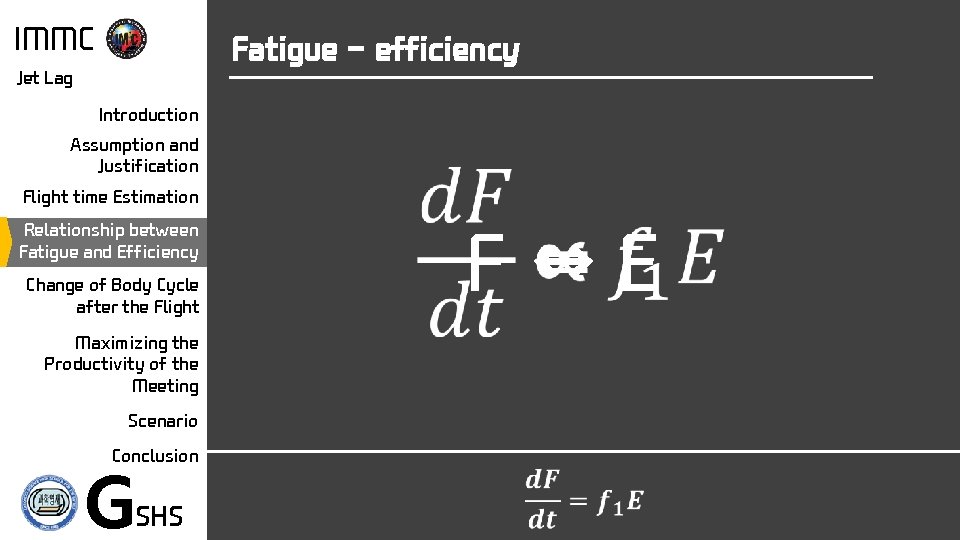 IMMC Fatigue - efficiency Jet Lag Introduction Assumption and Justification Flight time Estimation Relationship