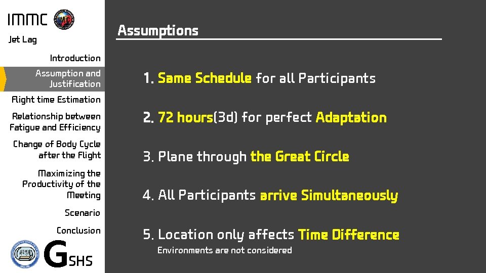 IMMC Assumptions Jet Lag Introduction Assumption and Justification 1. Same Schedule for all Participants