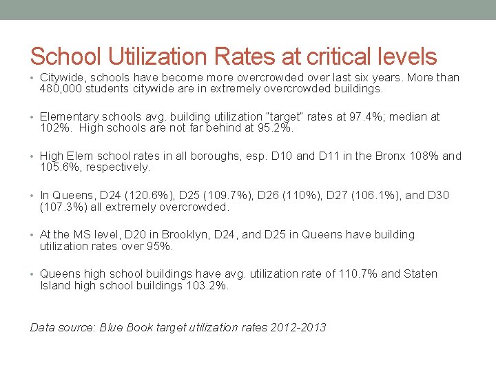 School Utilization Rates at critical levels • Citywide, schools have become more overcrowded over