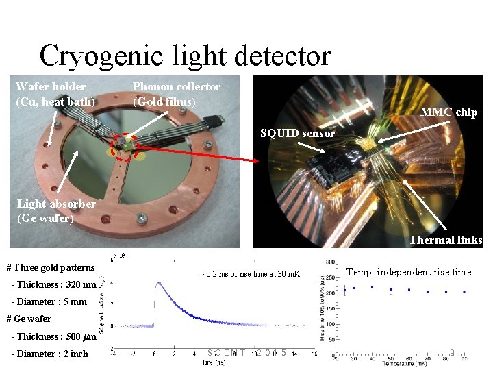 Cryogenic light detector Wafer holder (Cu, heat bath) Phonon collector (Gold films) MMC chip
