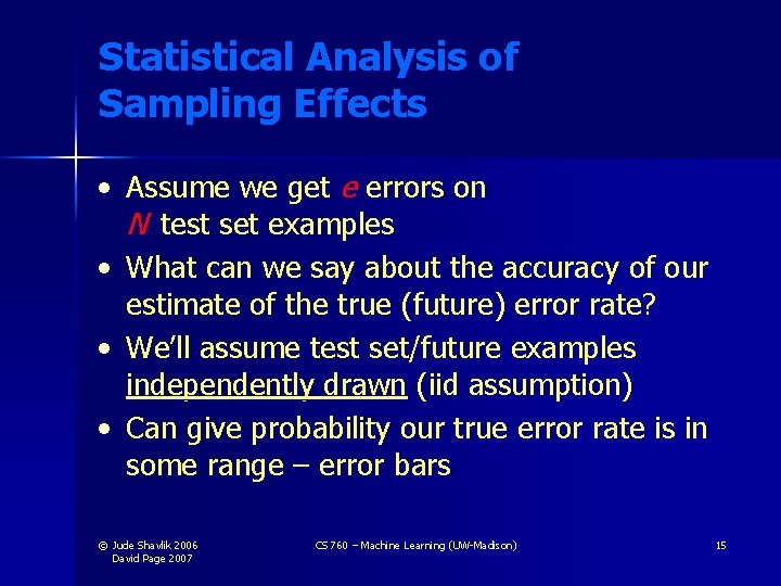 Statistical Analysis of Sampling Effects • Assume we get e errors on N test Statistical Analysis of Sampling Effects • Assume we get e errors on N test