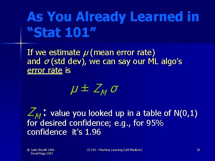 As You Already Learned in “Stat 101” If we estimate μ (mean error rate) As You Already Learned in “Stat 101” If we estimate μ (mean error rate)