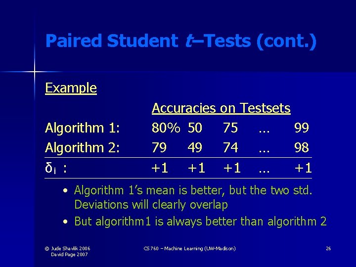 Paired Student t –Tests (cont. ) Example Algorithm 1: Algorithm 2: δi : Accuracies Paired Student t –Tests (cont. ) Example Algorithm 1: Algorithm 2: δi : Accuracies