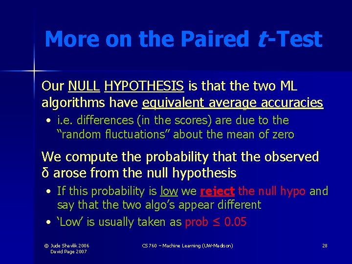 More on the Paired t -Test Our NULL HYPOTHESIS is that the two ML More on the Paired t -Test Our NULL HYPOTHESIS is that the two ML