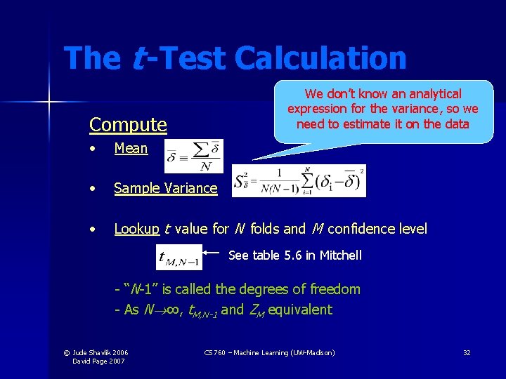 The t -Test Calculation We don’t know an analytical expression for the variance, so The t -Test Calculation We don’t know an analytical expression for the variance, so