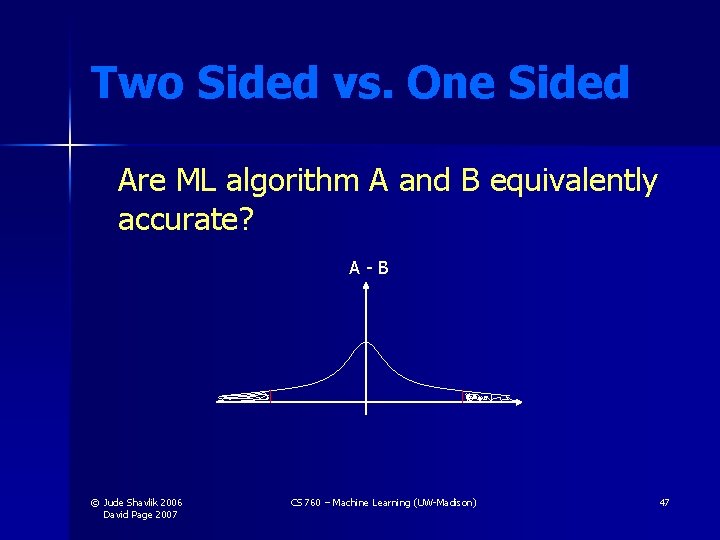 Two Sided vs. One Sided Are ML algorithm A and B equivalently accurate? A-B Two Sided vs. One Sided Are ML algorithm A and B equivalently accurate? A-B