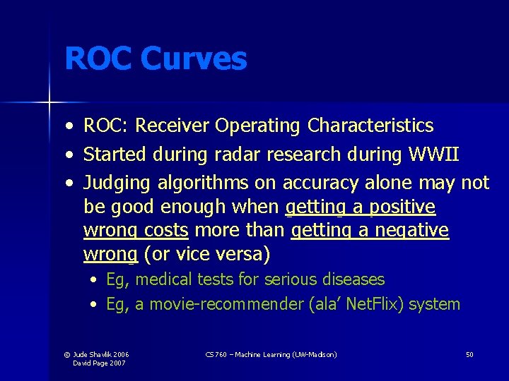 ROC Curves • • • ROC: Receiver Operating Characteristics Started during radar research during ROC Curves • • • ROC: Receiver Operating Characteristics Started during radar research during