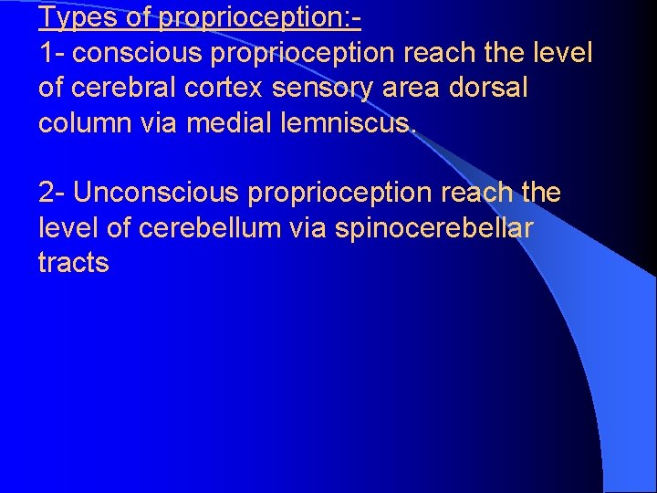 Types of proprioception: 1 - conscious proprioception reach the level of cerebral cortex sensory