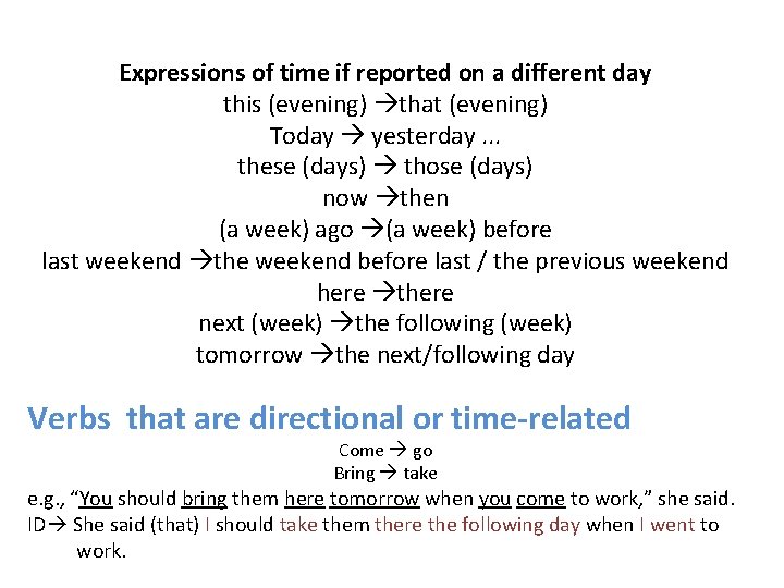 Expressions of time if reported on a different day this (evening) that (evening) Today