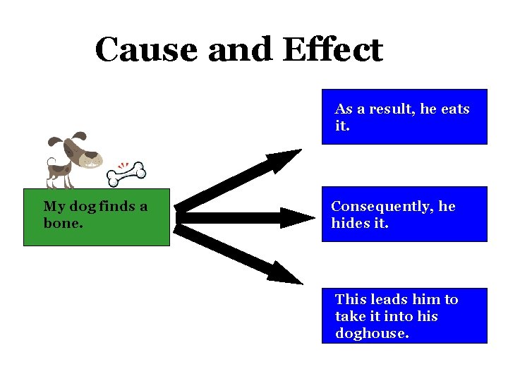 Cause and Effect As a result, he eats it. My dog finds a bone.