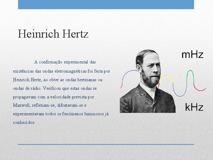 Heinrich Hertz A confirmação experimental das existências das ondas eletromagnéticas foi feita por Heinrich